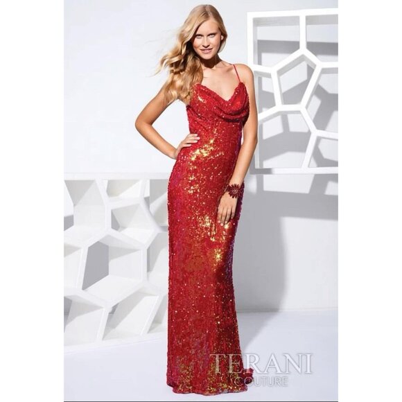 Terani Couture Red Sequin Iridescent Prom Pageant Formal Dress Size 4 - Picture 1 of 3